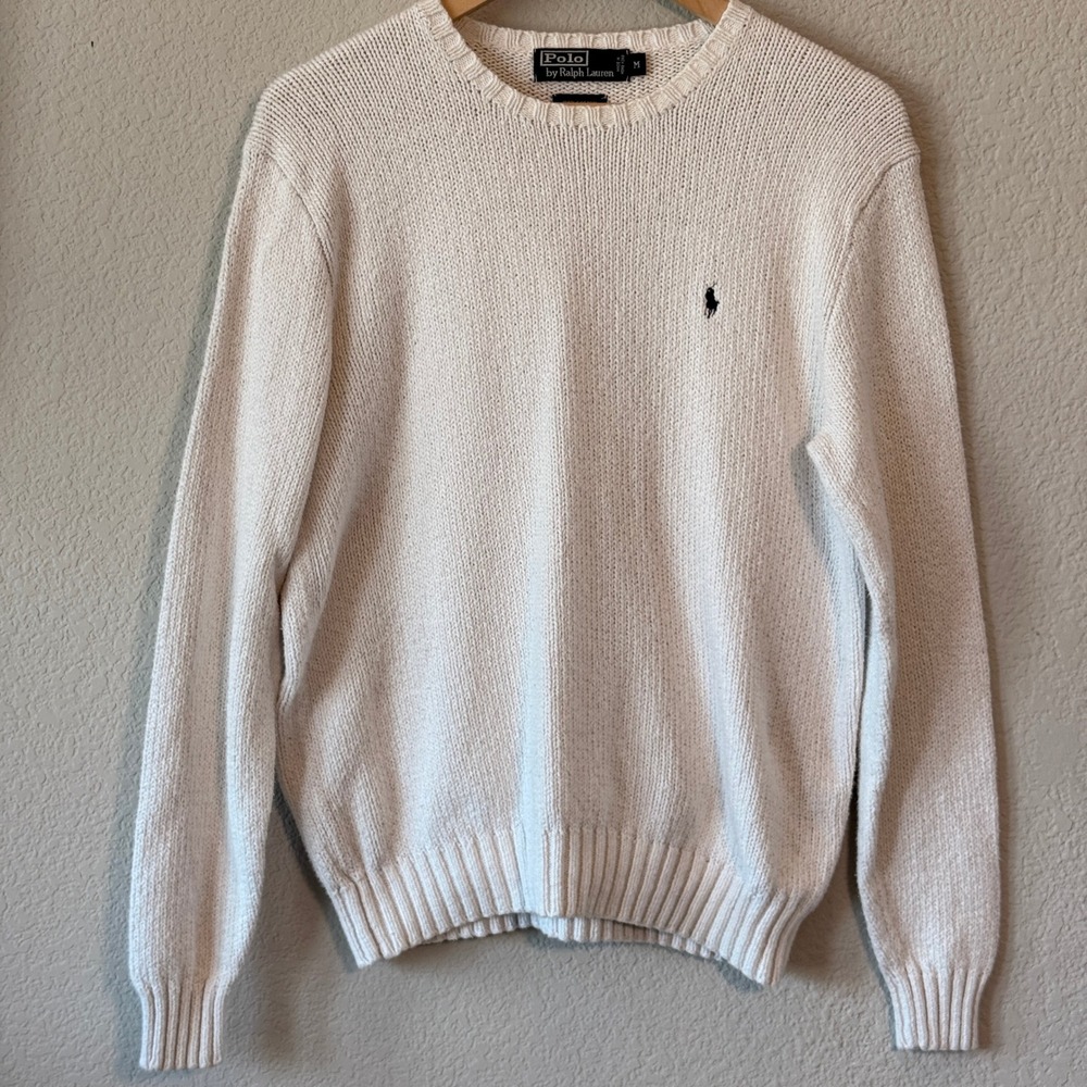 Polo Ralph Lauren Sweater 100% Cotton Crewneck Mens Cream M Embroidered Pony